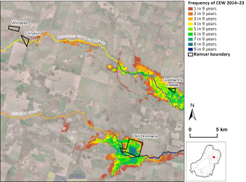 Gwydir Ramsar Site mapping of the frequency of Commonwealth environmental water use 2014-2023