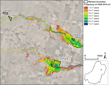 Gwydir Ramsar Site mapping of the frequency of Commonwealth environmental water use 2014-2021