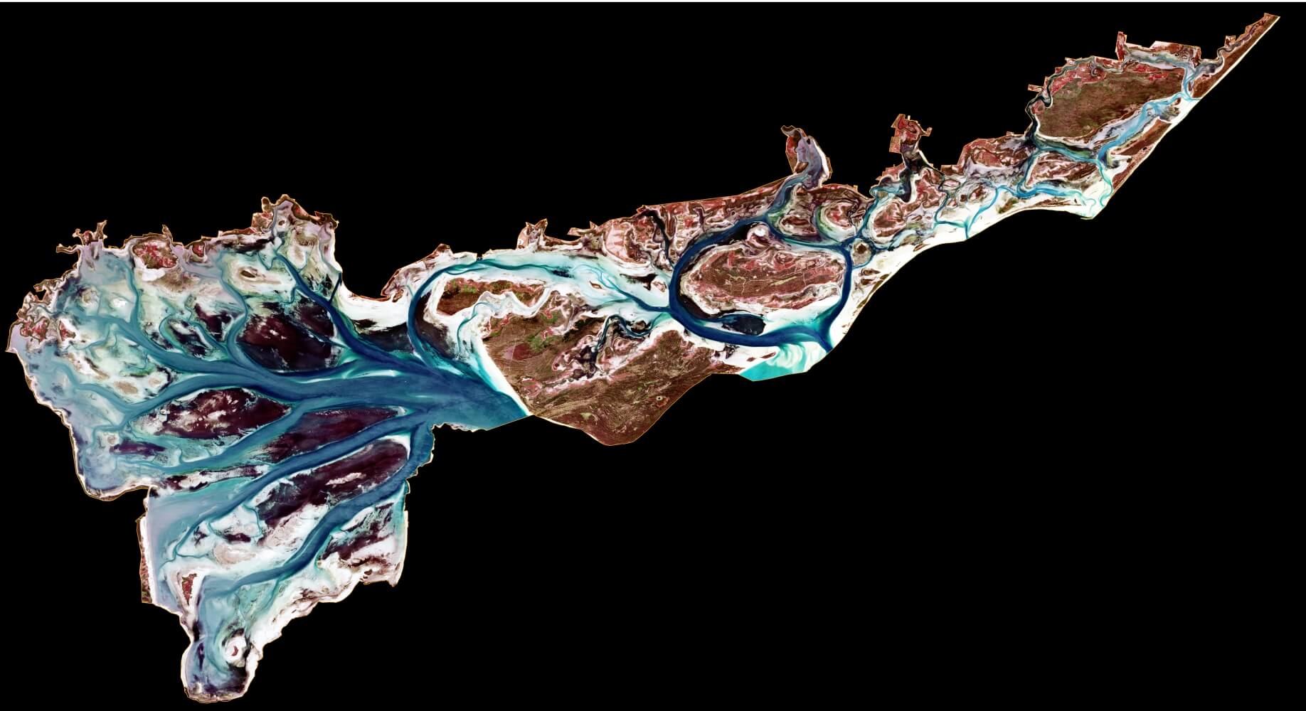 Seninel-2 imagery of the Corner Inlet Ramsar Site with segrass beds highlighed burgundy red by applying an equialise histograms colour stretch