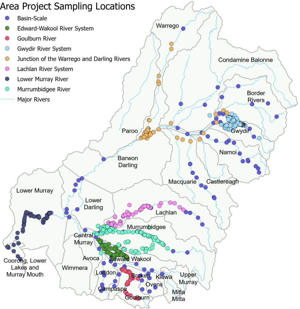 Map of Flow-MER ecology and hydrology sampling locations in the Murray-Darling Basin